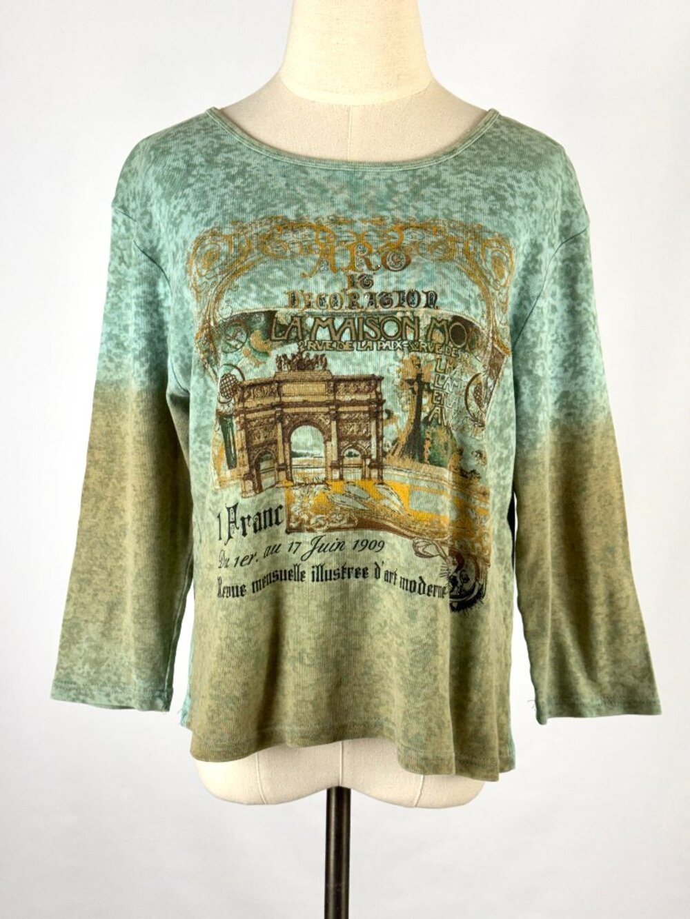 Faded Glory Y2K Ribbed Graphic Tee 3/4 Sleeve Art Nouveau Grunge Parisian Vtg